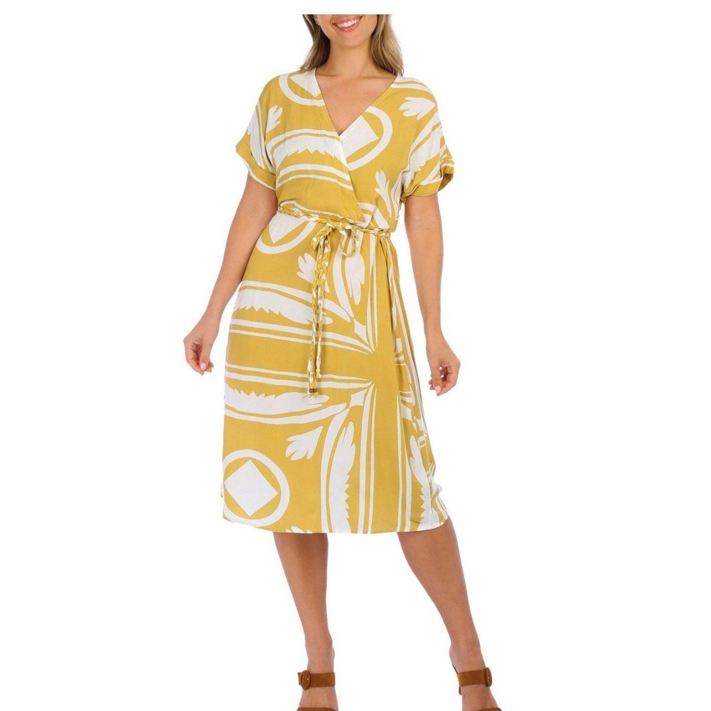 Jolie and Joy Womens Dress Sz 3X Plus Yellow Print Lightweight‎ Belted Midi